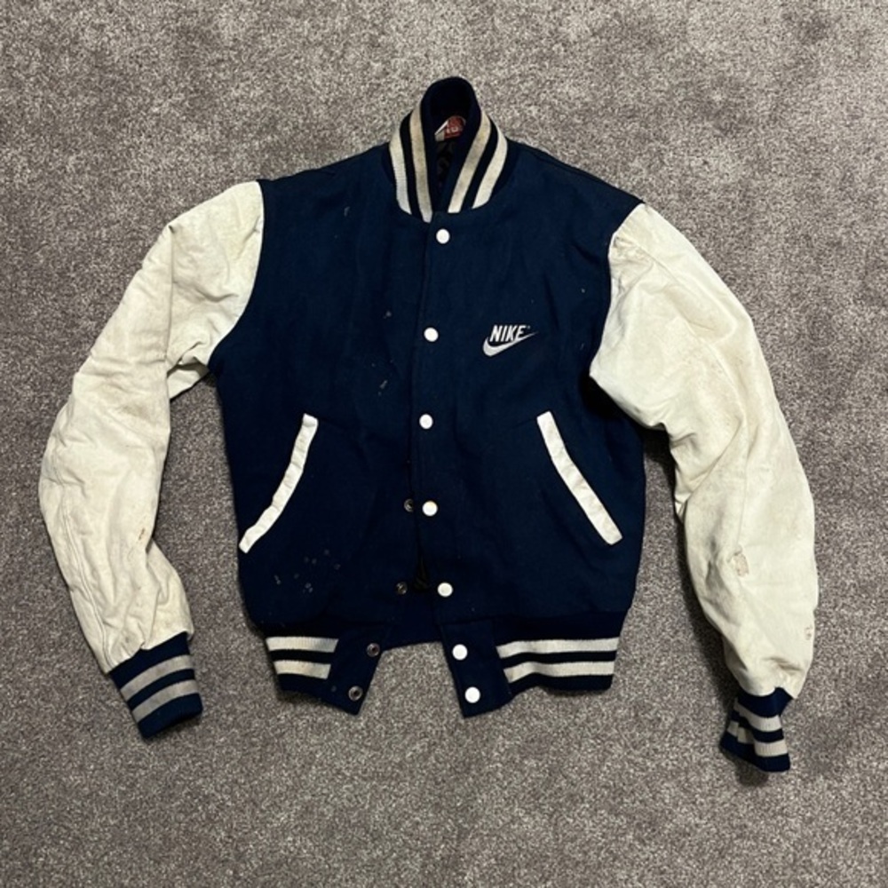 Vintage Empire Sporting Goods Nike Blue and White Quilted Varsity Jacket Size S